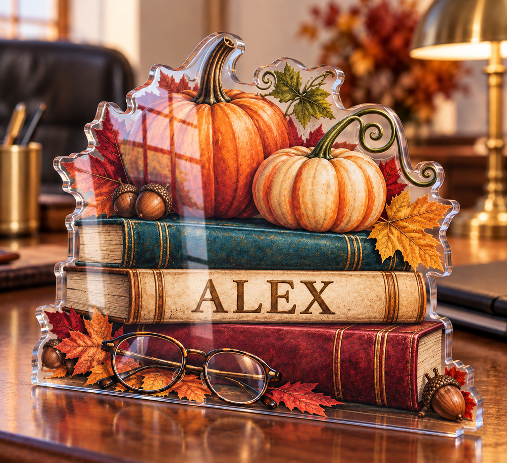 Artwork visualization: Pumpkin book stack — office seasonal desk, personalized ALEX, subject-shaped acrylic with printed optical 3D depth; not carved relief.