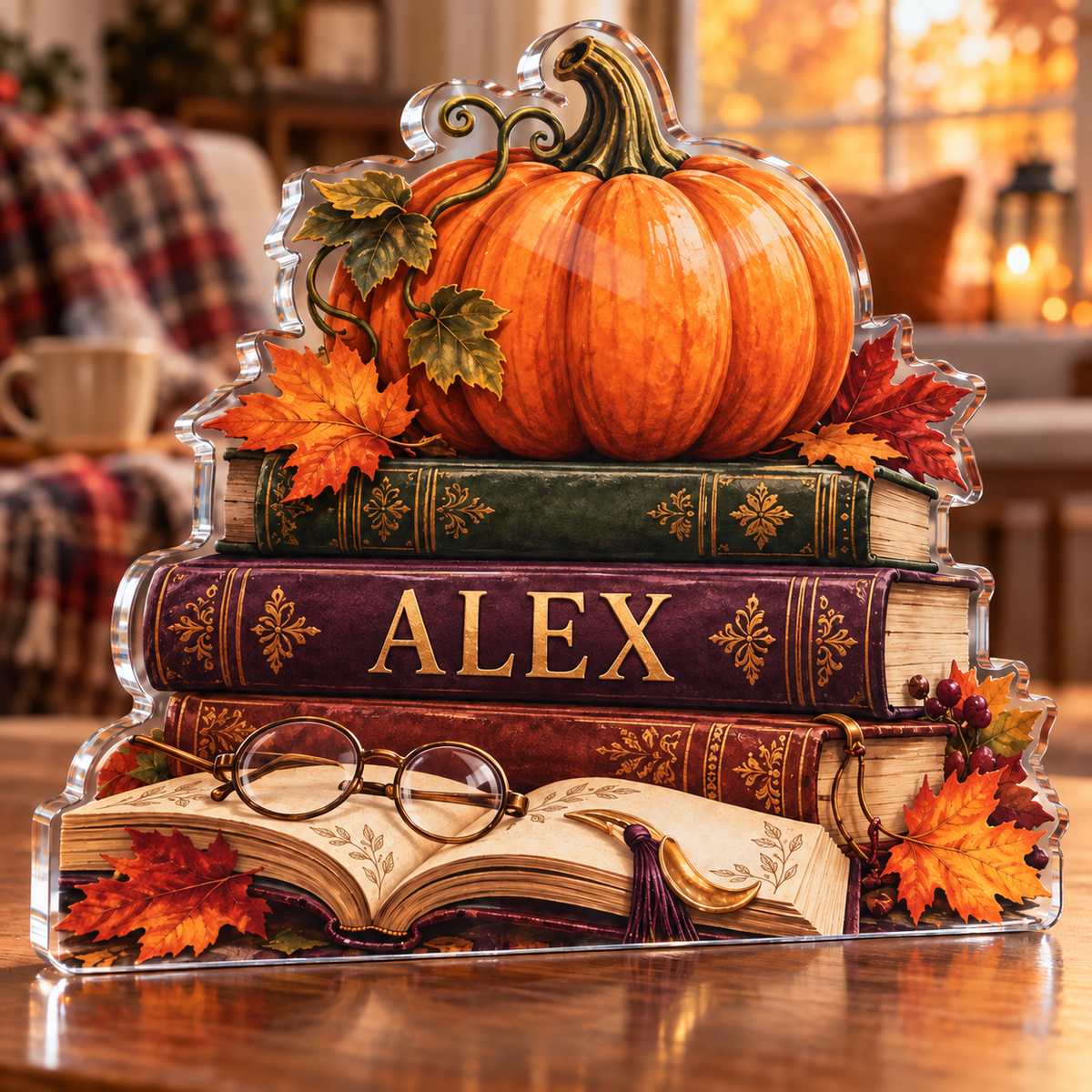Artwork visualization: Pumpkin book stack — family seasonal keepsake, personalized ALEX, subject-shaped acrylic with printed optical 3D depth; not carved relief.