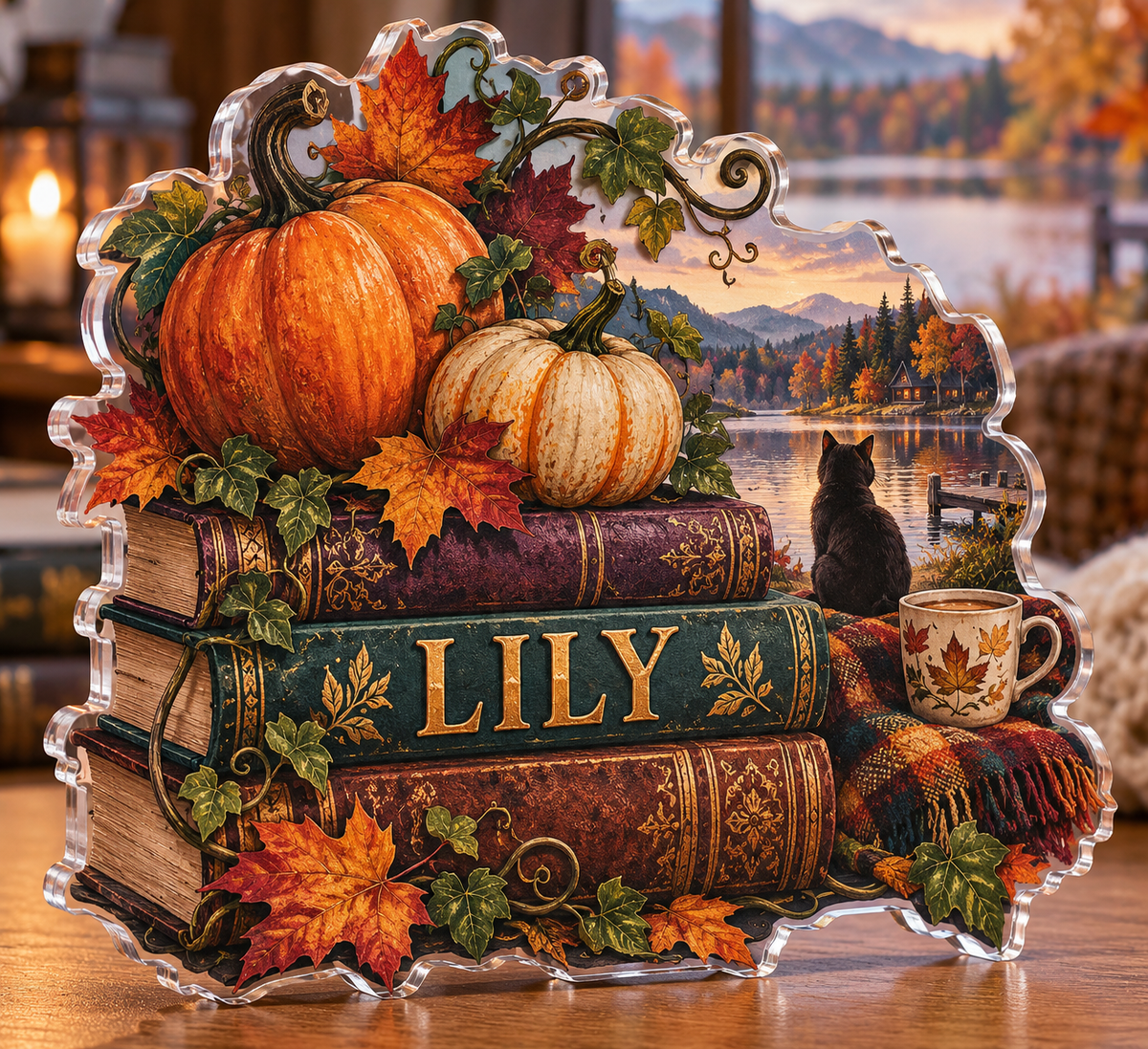 Artwork visualization: Pumpkin book stack — autumn birthday gift, personalized LILY, subject-shaped acrylic with printed optical 3D depth; not carved relief.