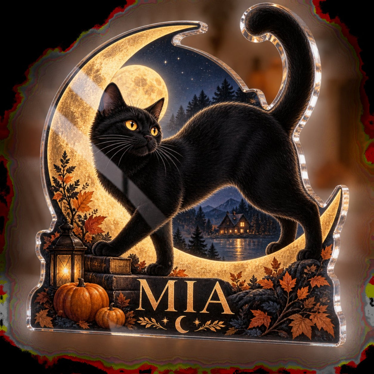 Personalized Black Cat Moon Seasonal Living Room Decor custom shape acrylic plaque with an example name set into the artwork, digital preview