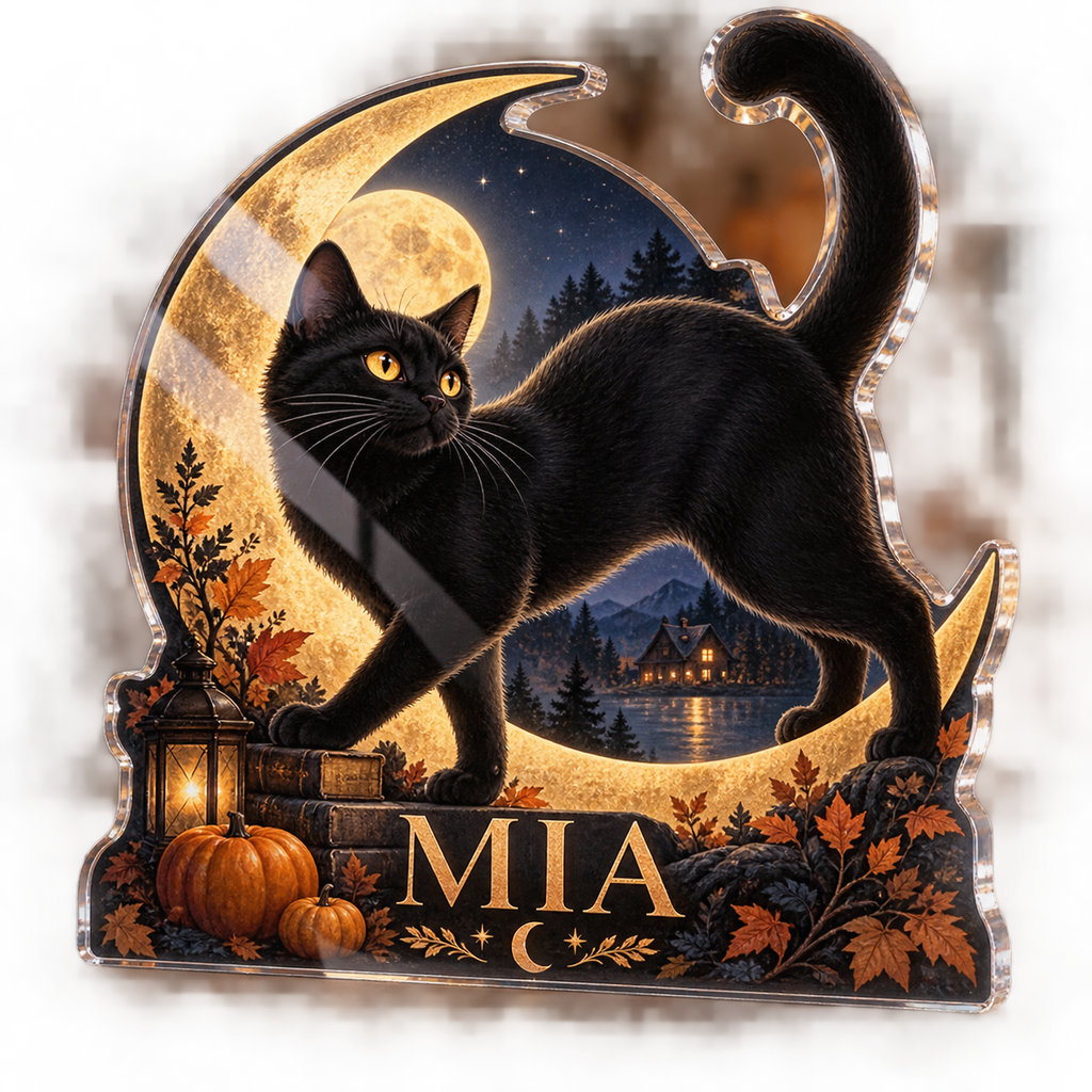 Artwork visualization: Black cat moon — seasonal living room decor, personalized MIA, subject-shaped acrylic with printed optical 3D depth; not carved relief.