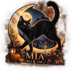 Artwork visualization: Black cat moon — seasonal living room decor, personalized MIA, subject-shaped acrylic with printed optical 3D depth; not carved relief.