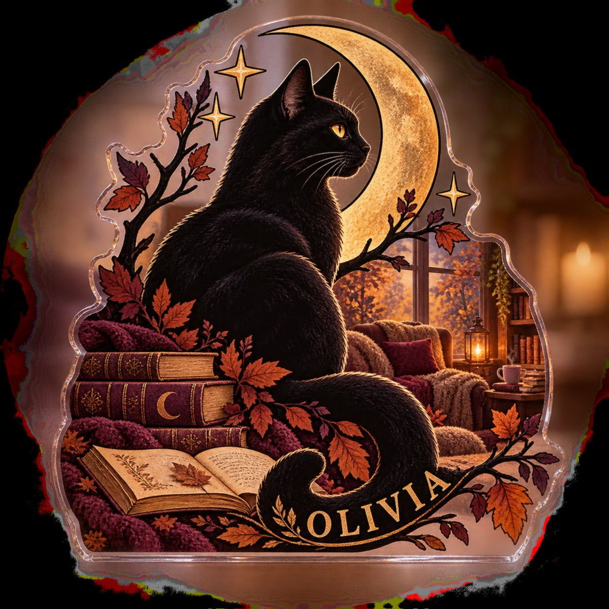 Personalized Black Cat Moon Reading Nook Seasonal Refresh custom shape acrylic plaque with an example name set into the artwork, digital preview
