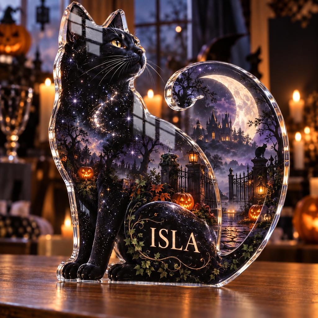 Artwork visualization: Black cat moon — Halloween party accent, personalized ISLA, subject-shaped acrylic with printed optical 3D depth; not carved relief.