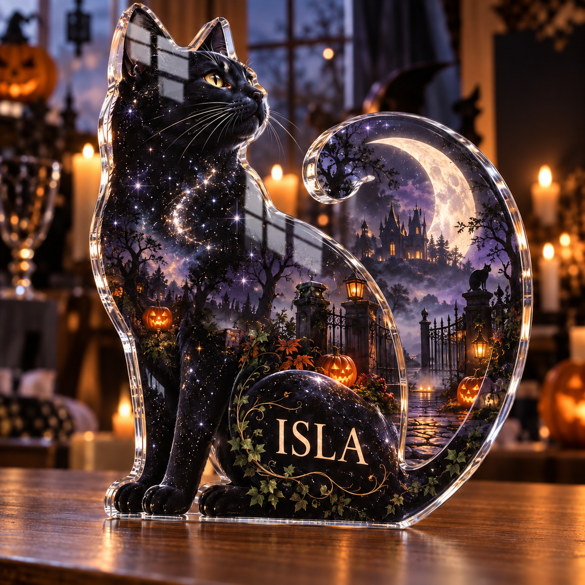 Artwork visualization: Black cat moon — Halloween party accent, personalized ISLA, subject-shaped acrylic with printed optical 3D depth; not carved relief.