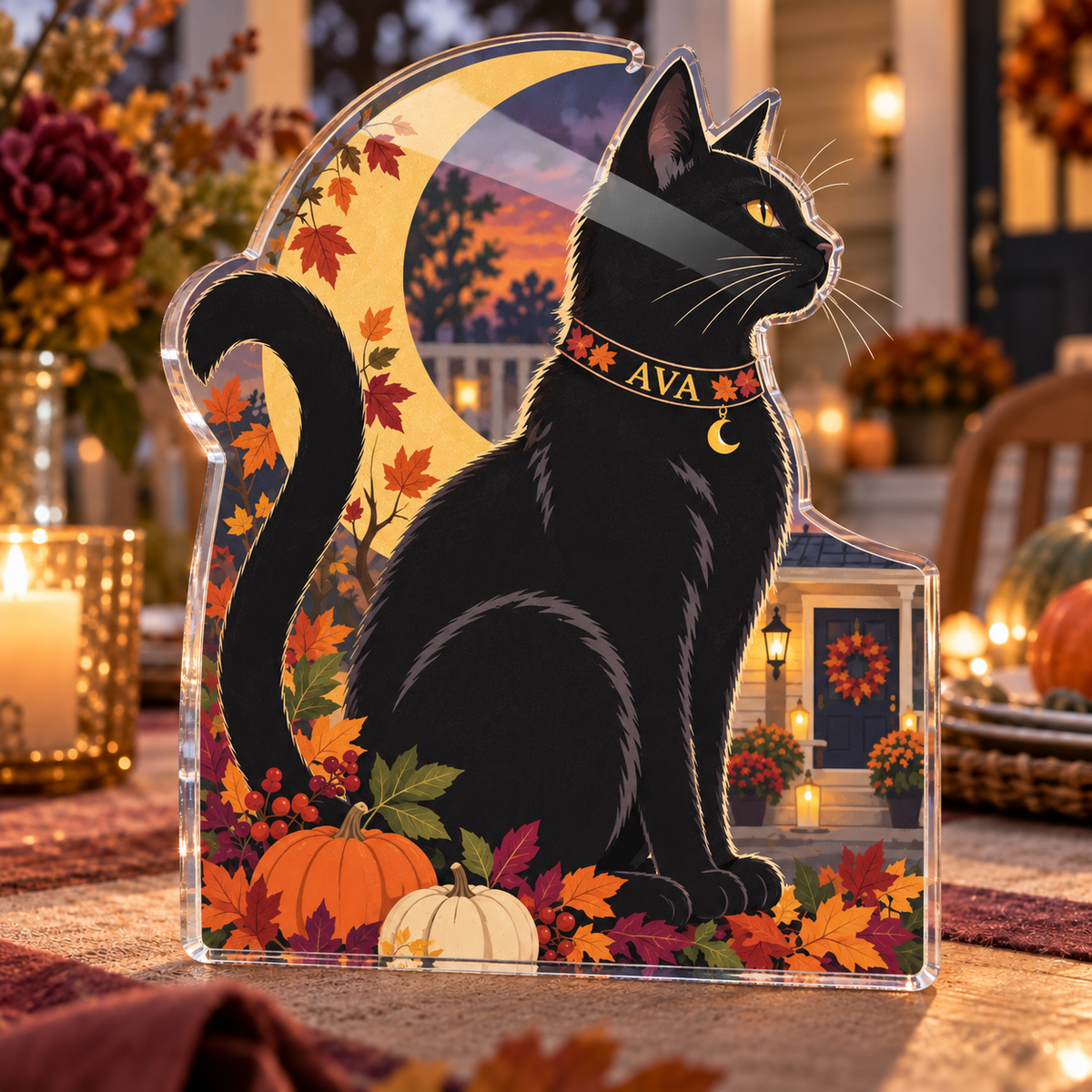 Artwork visualization: Black cat moon — host seasonal thank you, personalized AVA, subject-shaped acrylic with printed optical 3D depth; not carved relief.