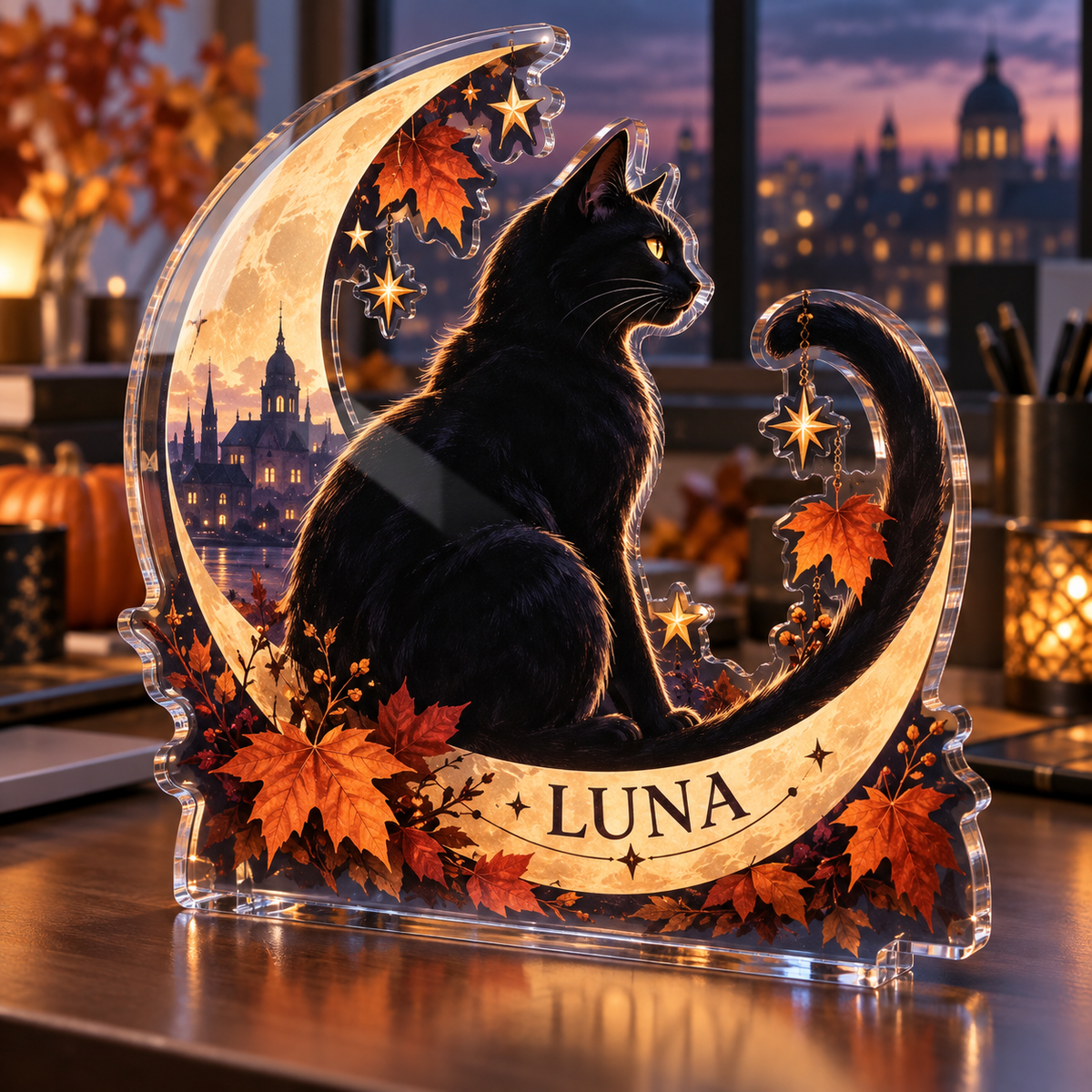 Artwork visualization: Black cat moon — office seasonal desk, personalized LUNA, subject-shaped acrylic with printed optical 3D depth; not carved relief.