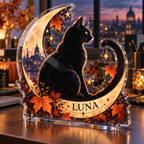 Artwork visualization: Black cat moon — office seasonal desk, personalized LUNA, subject-shaped acrylic with printed optical 3D depth; not carved relief.