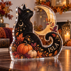 Artwork visualization: Black cat moon — family seasonal keepsake, personalized ISLA, subject-shaped acrylic with printed optical 3D depth; not carved relief.