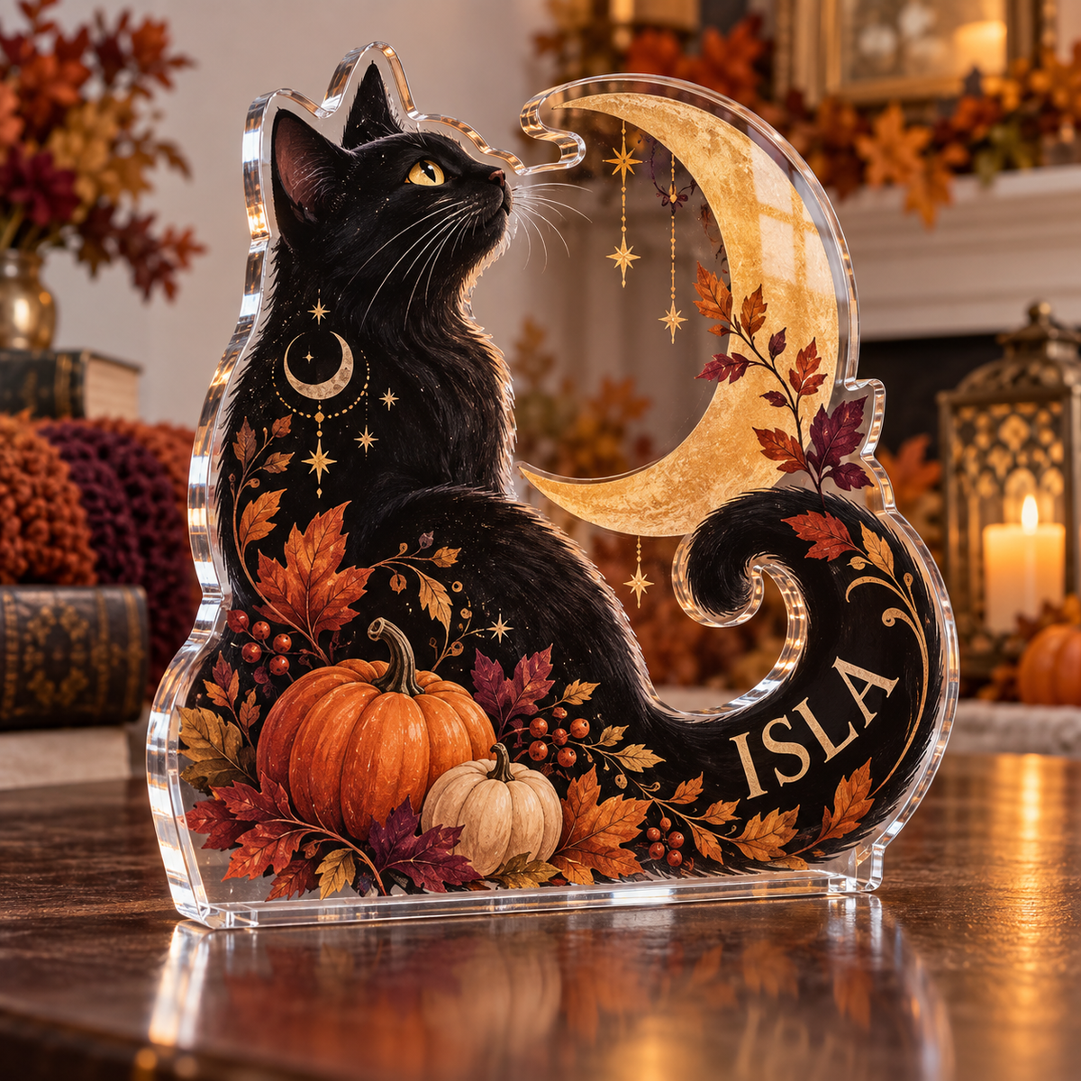 Artwork visualization: Black cat moon — family seasonal keepsake, personalized ISLA, subject-shaped acrylic with printed optical 3D depth; not carved relief.