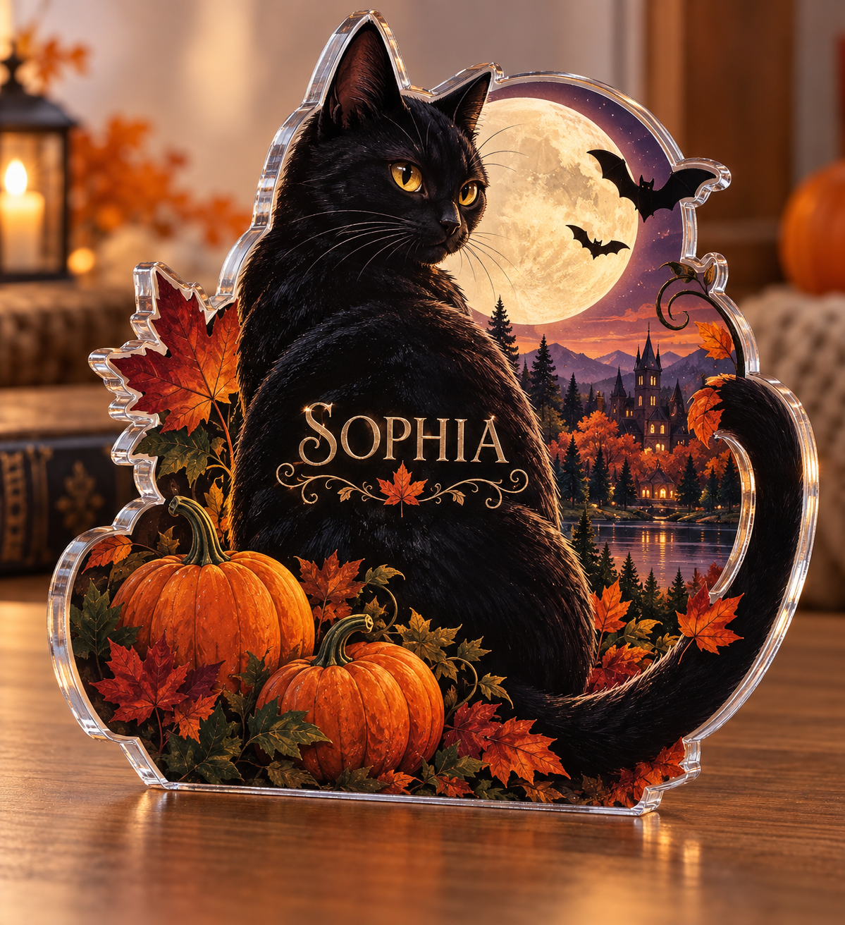 Artwork visualization: Black cat moon — autumn birthday gift, personalized SOPHIA, subject-shaped acrylic with printed optical 3D depth; not carved relief.