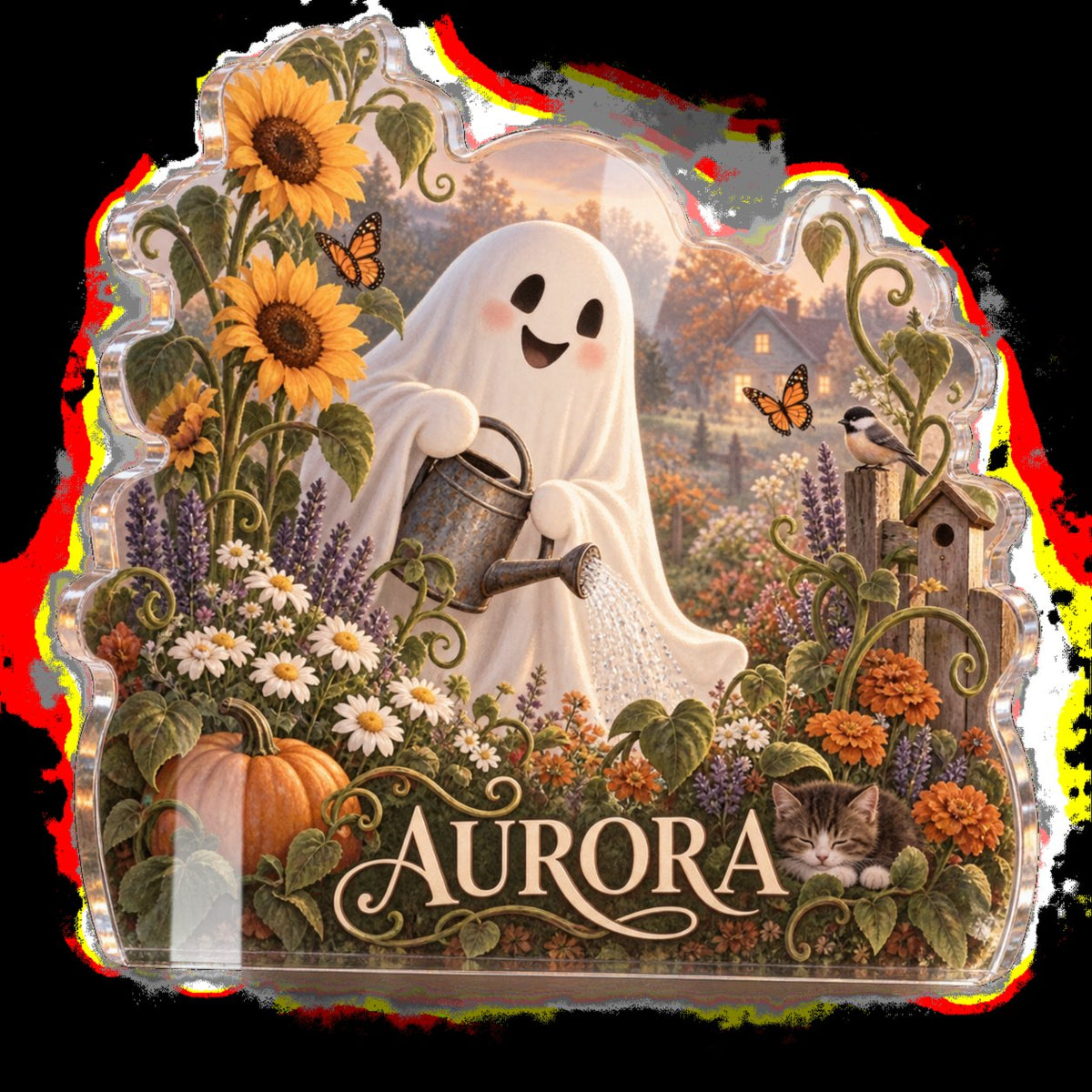 Personalized Friendly Ghost Garden Seasonal Living Room Decor custom shape acrylic plaque with an example name set into the artwork, digital preview