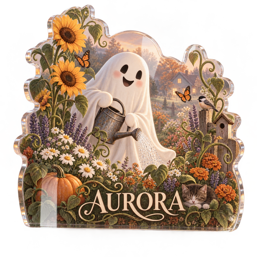 Artwork visualization: Friendly ghost garden — seasonal living room decor, personalized AURORA, subject-shaped acrylic with printed optical 3D depth; not carved relief.