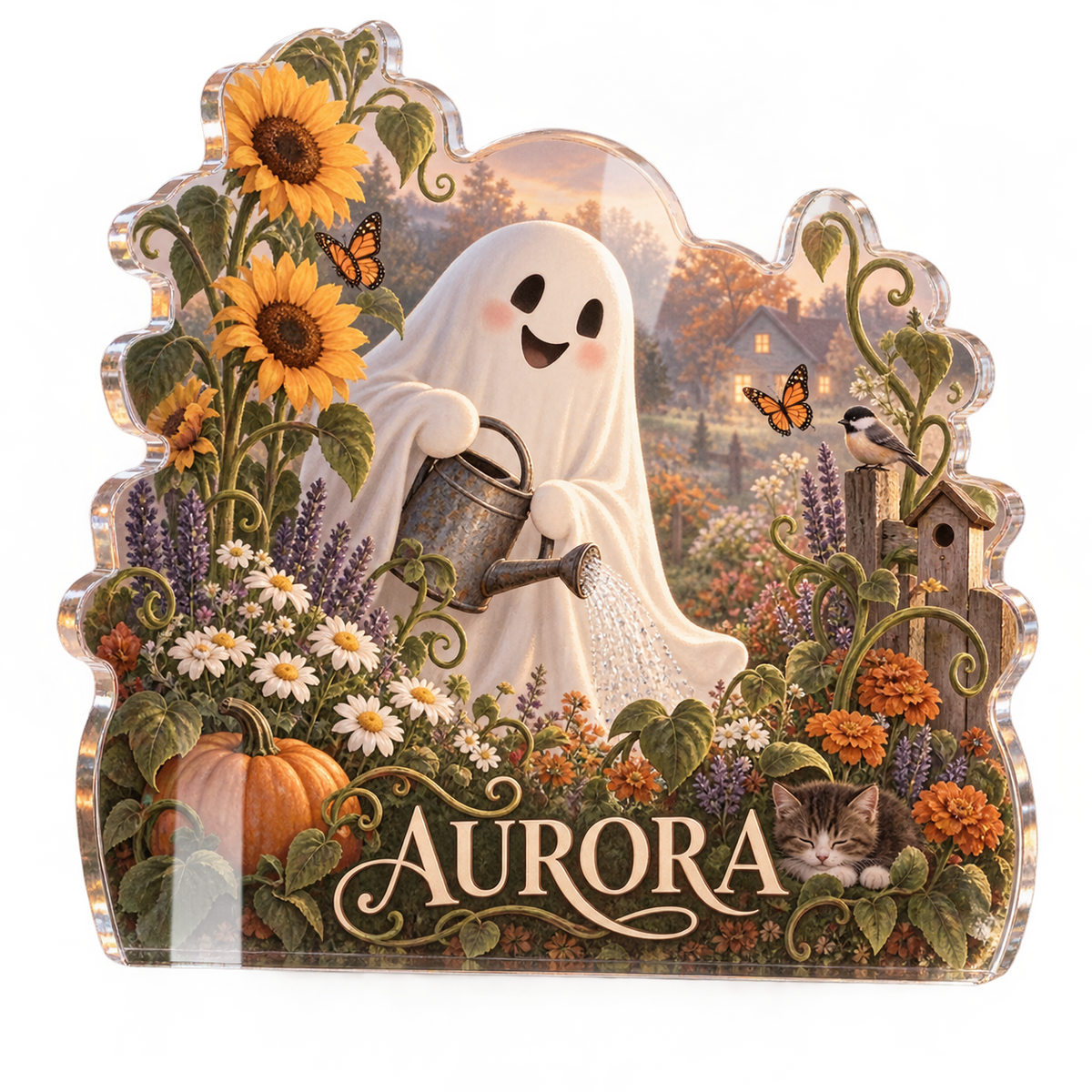 Artwork visualization: Friendly ghost garden — seasonal living room decor, personalized AURORA, subject-shaped acrylic with printed optical 3D depth; not carved relief.
