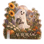 Artwork visualization: Friendly ghost garden — seasonal living room decor, personalized AURORA, subject-shaped acrylic with printed optical 3D depth; not carved relief.