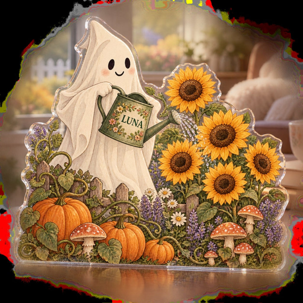 Personalized Friendly Ghost Garden Reading Nook Seasonal Refresh custom shape acrylic plaque with an example name set into the artwork, digital preview