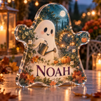 Artwork visualization: Friendly ghost garden — Halloween party accent, personalized NOAH, subject-shaped acrylic with printed optical 3D depth; not carved relief.