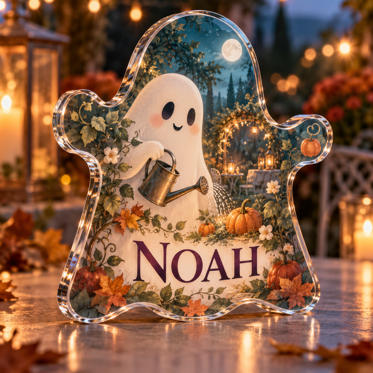 Artwork visualization: Friendly ghost garden — Halloween party accent, personalized NOAH, subject-shaped acrylic with printed optical 3D depth; not carved relief.