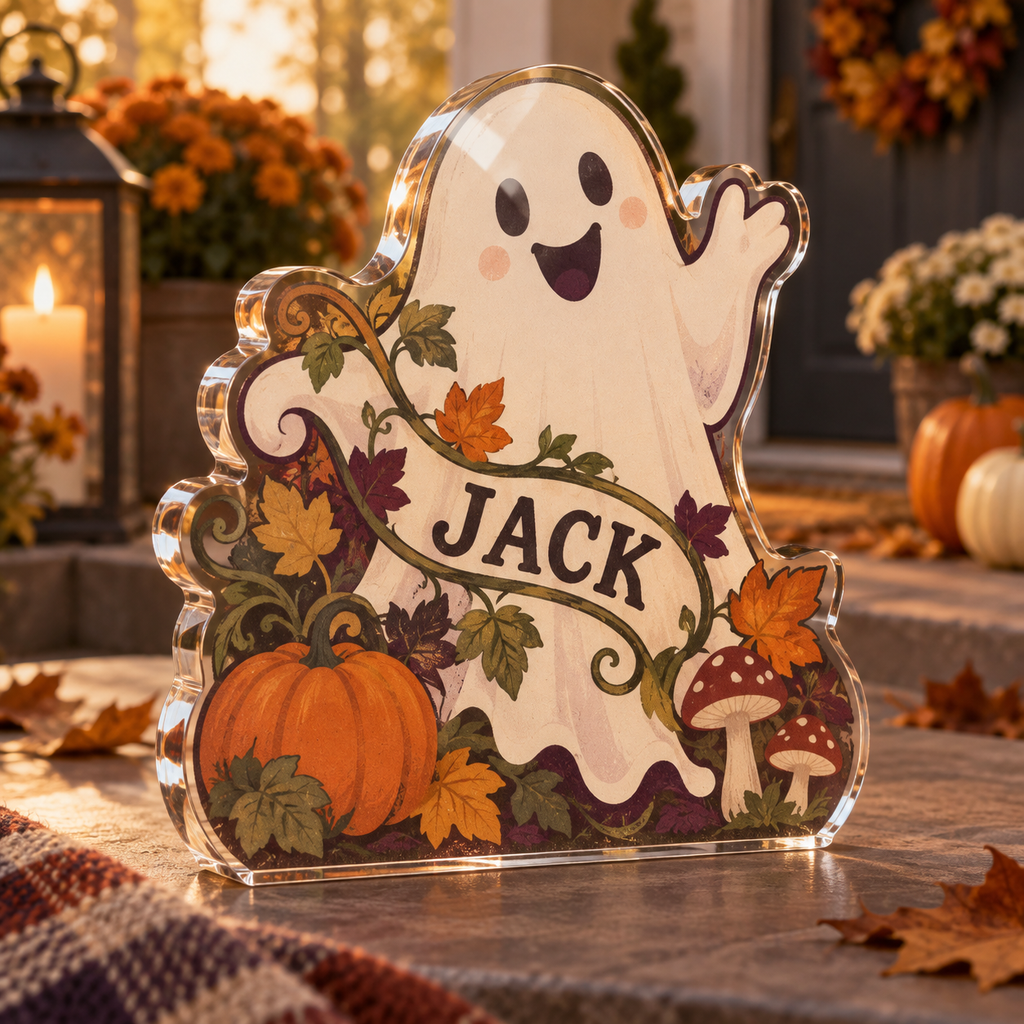 Artwork visualization: Friendly ghost garden — host seasonal thank you, personalized JACK, subject-shaped acrylic with printed optical 3D depth; not carved relief.