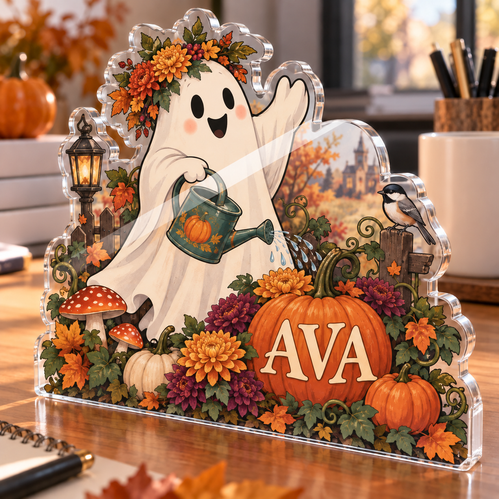 Artwork visualization: Friendly ghost garden — office seasonal desk, personalized AVA, subject-shaped acrylic with printed optical 3D depth; not carved relief.