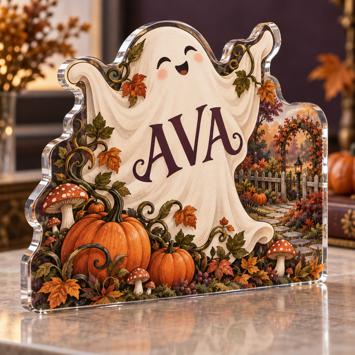 Artwork visualization: Friendly ghost garden — family seasonal keepsake, personalized AVA, subject-shaped acrylic with printed optical 3D depth; not carved relief.