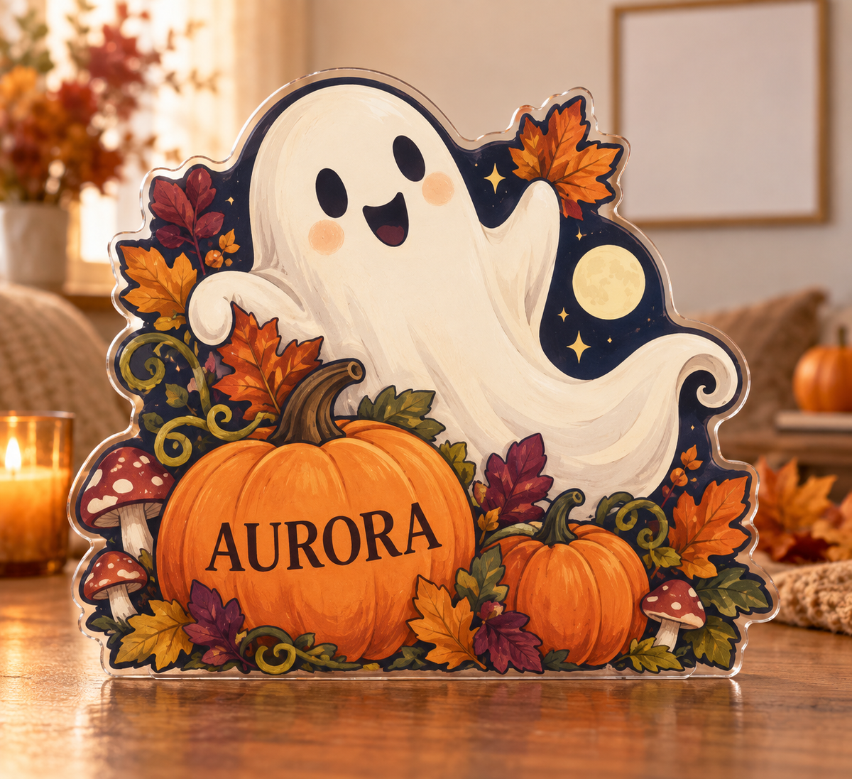 Artwork visualization: Friendly ghost garden — autumn birthday gift, personalized AURORA, subject-shaped acrylic with printed optical 3D depth; not carved relief.