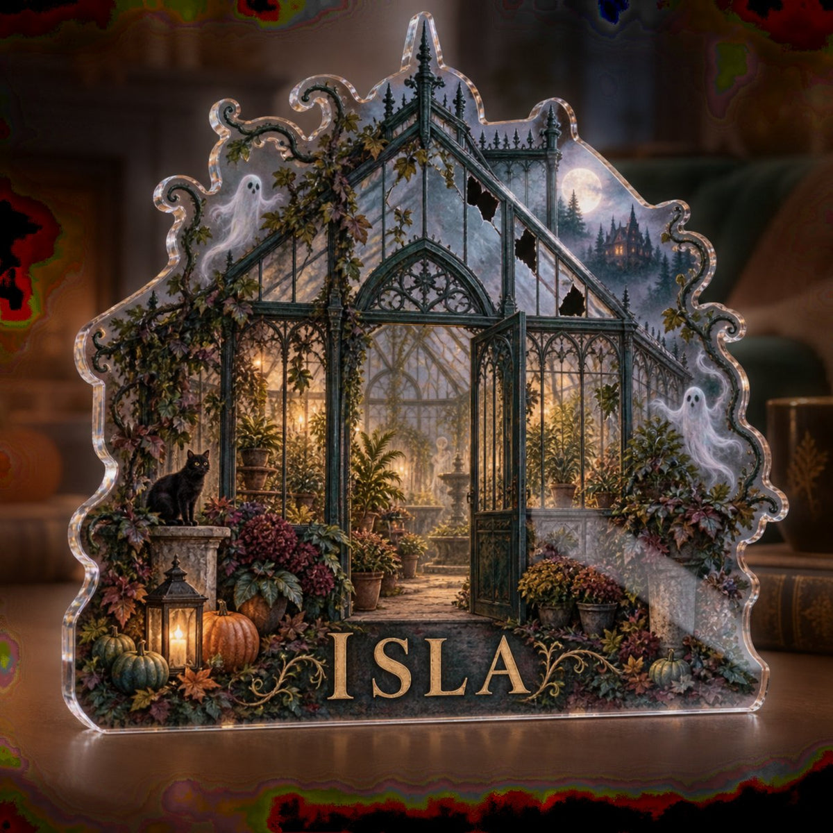 Personalized Haunted Greenhouse Seasonal Living Room Decor custom shape acrylic plaque with an example name set into the artwork, digital preview