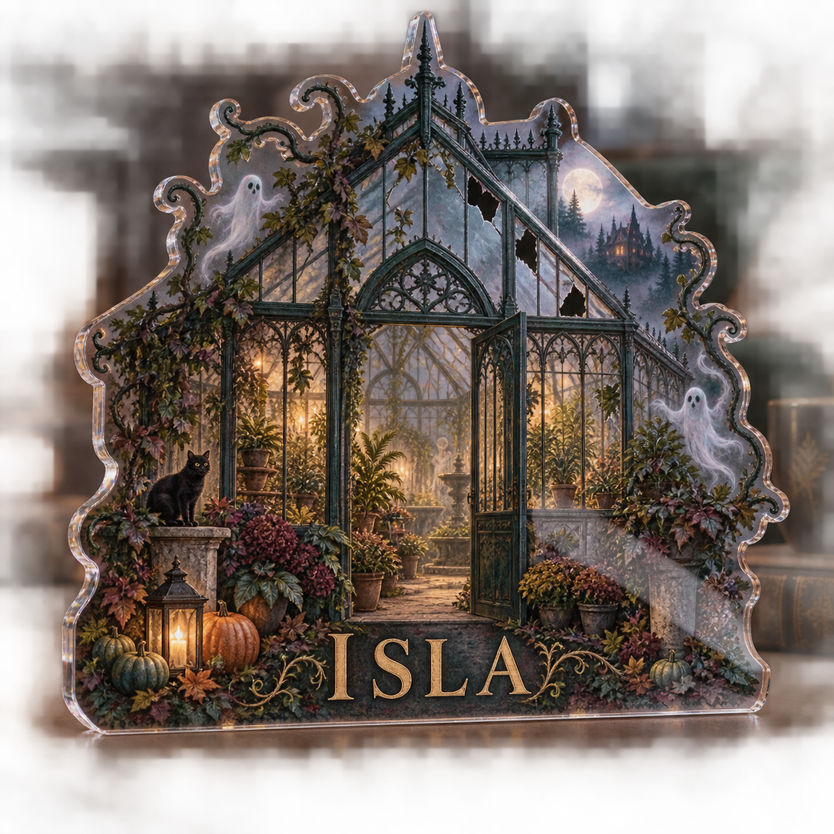 Artwork visualization: Haunted greenhouse — seasonal living room decor, personalized ISLA, subject-shaped acrylic with printed optical 3D depth; not carved relief.
