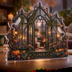 Personalized Haunted Greenhouse Reading Nook Seasonal Refresh custom shape acrylic plaque with an example name set into the artwork, digital preview