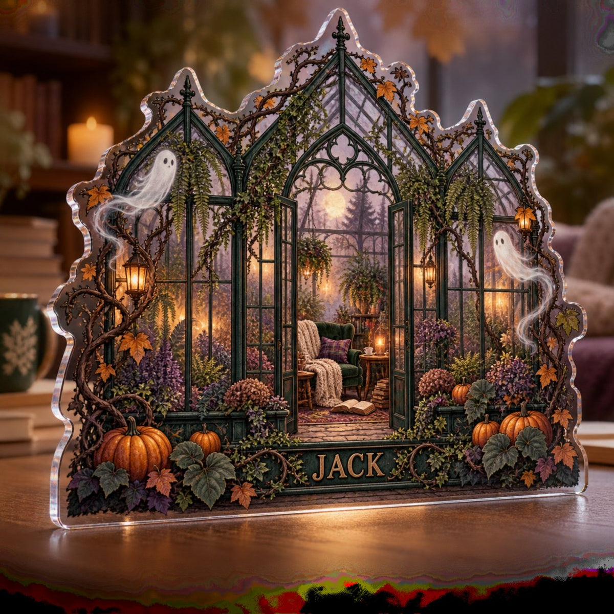 Personalized Haunted Greenhouse Reading Nook Seasonal Refresh custom shape acrylic plaque with an example name set into the artwork, digital preview