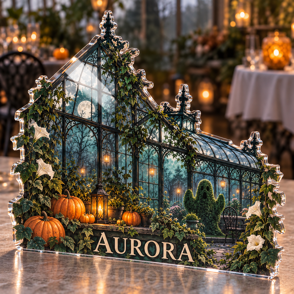 Artwork visualization: Haunted greenhouse — Halloween party accent, personalized AURORA, subject-shaped acrylic with printed optical 3D depth; not carved relief.