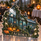 Artwork visualization: Haunted greenhouse — Halloween party accent, personalized AURORA, subject-shaped acrylic with printed optical 3D depth; not carved relief.