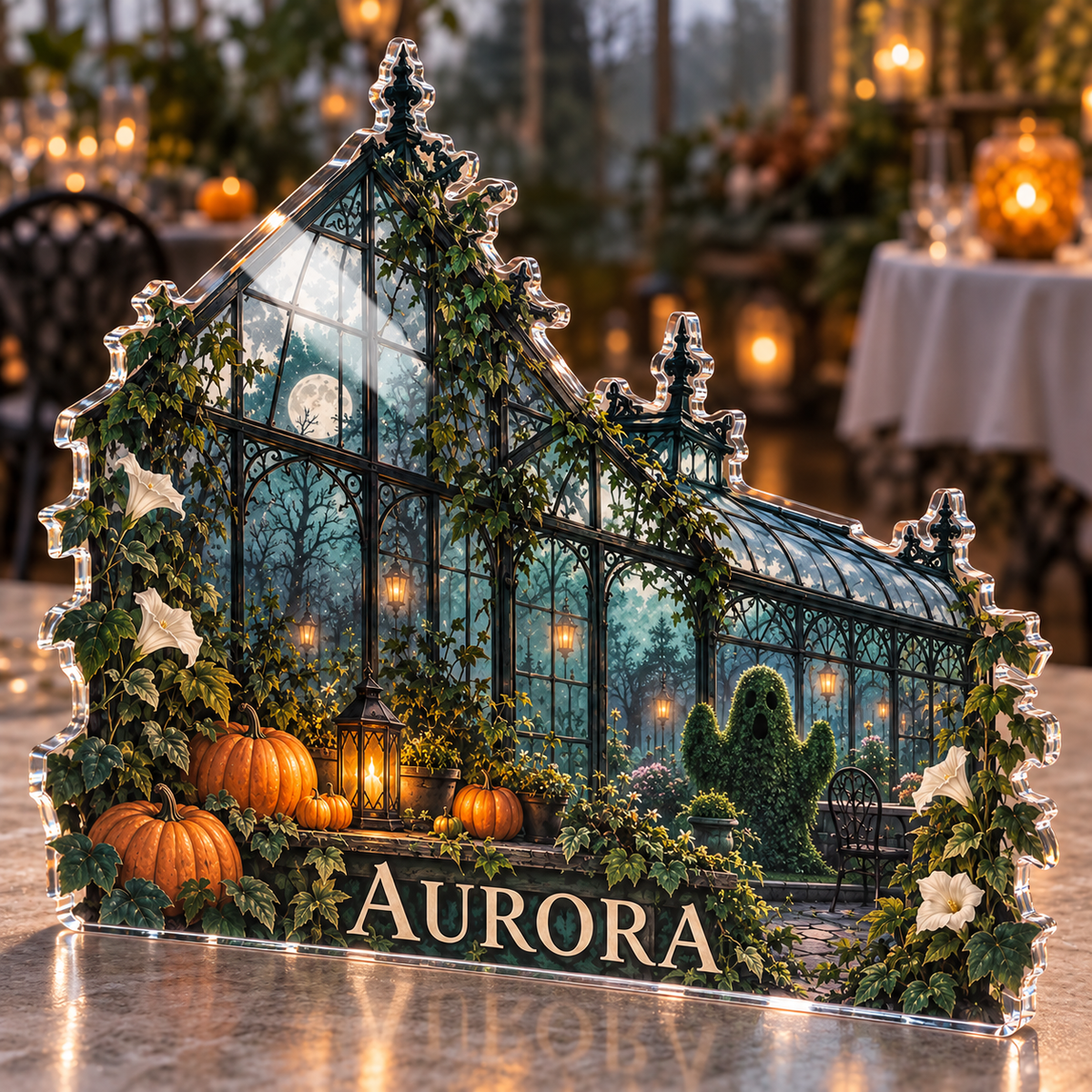 Artwork visualization: Haunted greenhouse — Halloween party accent, personalized AURORA, subject-shaped acrylic with printed optical 3D depth; not carved relief.
