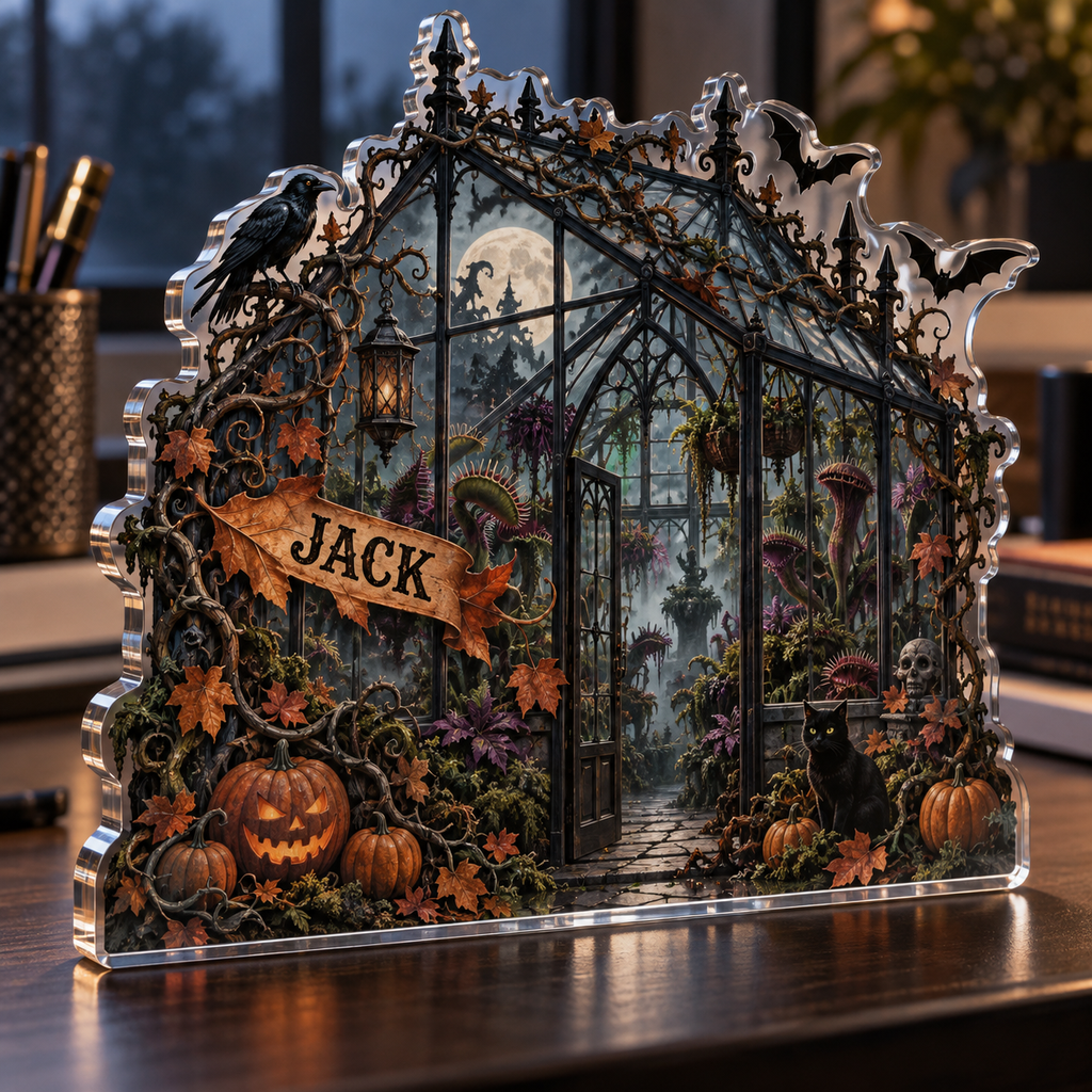 Artwork visualization: Haunted greenhouse — office seasonal desk, personalized JACK, subject-shaped acrylic with printed optical 3D depth; not carved relief.
