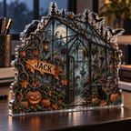 Artwork visualization: Haunted greenhouse — office seasonal desk, personalized JACK, subject-shaped acrylic with printed optical 3D depth; not carved relief.