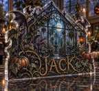 Artwork visualization: Haunted greenhouse — family seasonal keepsake, personalized JACK, subject-shaped acrylic with printed optical 3D depth; not carved relief.