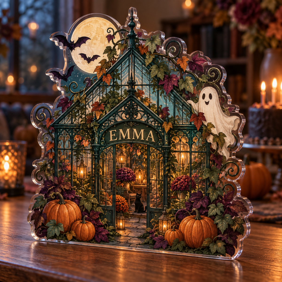Artwork visualization: Haunted greenhouse — autumn birthday gift, personalized EMMA, subject-shaped acrylic with printed optical 3D depth; not carved relief.