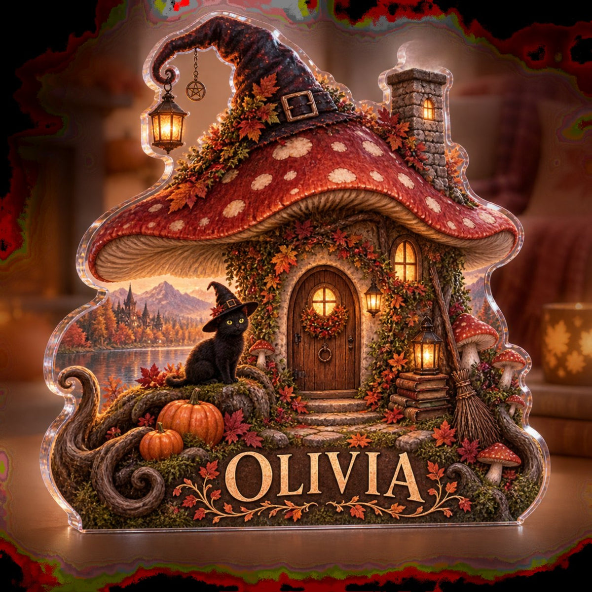 Personalized Mushroom Witch Cottage Seasonal Living Room Decor custom shape acrylic plaque with an example name set into the artwork, digital preview