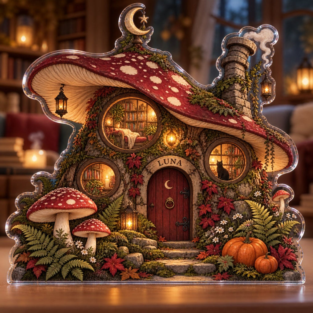 Personalized Mushroom Witch Cottage Reading Nook Seasonal Refresh custom shape acrylic plaque with an example name set into the artwork, digital preview
