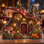 Personalized Mushroom Witch Cottage Reading Nook Seasonal Refresh custom shape acrylic plaque with an example name set into the artwork, digital preview