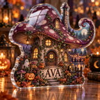 Artwork visualization: Mushroom witch cottage — Halloween party accent, personalized AVA, subject-shaped acrylic with printed optical 3D depth; not carved relief.