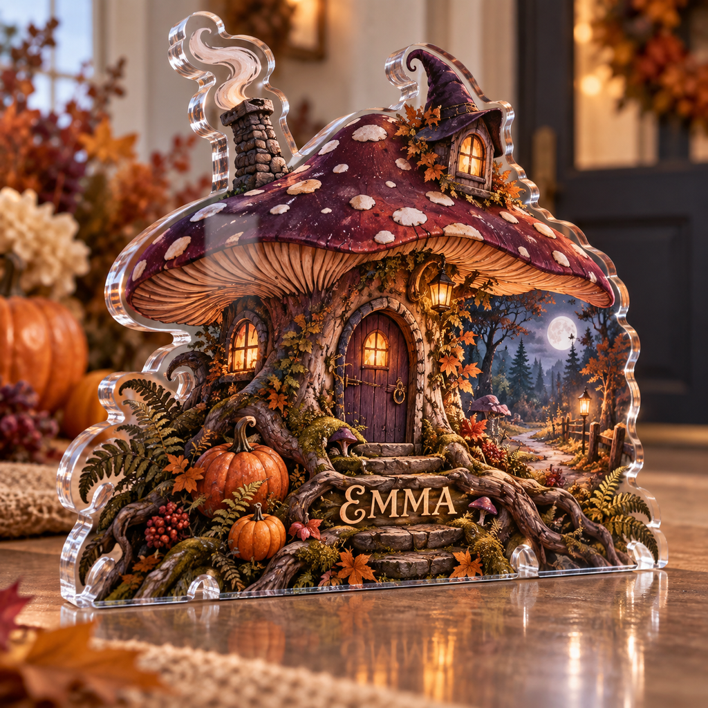 Artwork visualization: Mushroom witch cottage — host seasonal thank you, personalized EMMA, subject-shaped acrylic with printed optical 3D depth; not carved relief.
