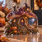 Artwork visualization: Mushroom witch cottage — host seasonal thank you, personalized EMMA, subject-shaped acrylic with printed optical 3D depth; not carved relief.