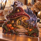Artwork visualization: Mushroom witch cottage — office seasonal desk, personalized NOAH, subject-shaped acrylic with printed optical 3D depth; not carved relief.