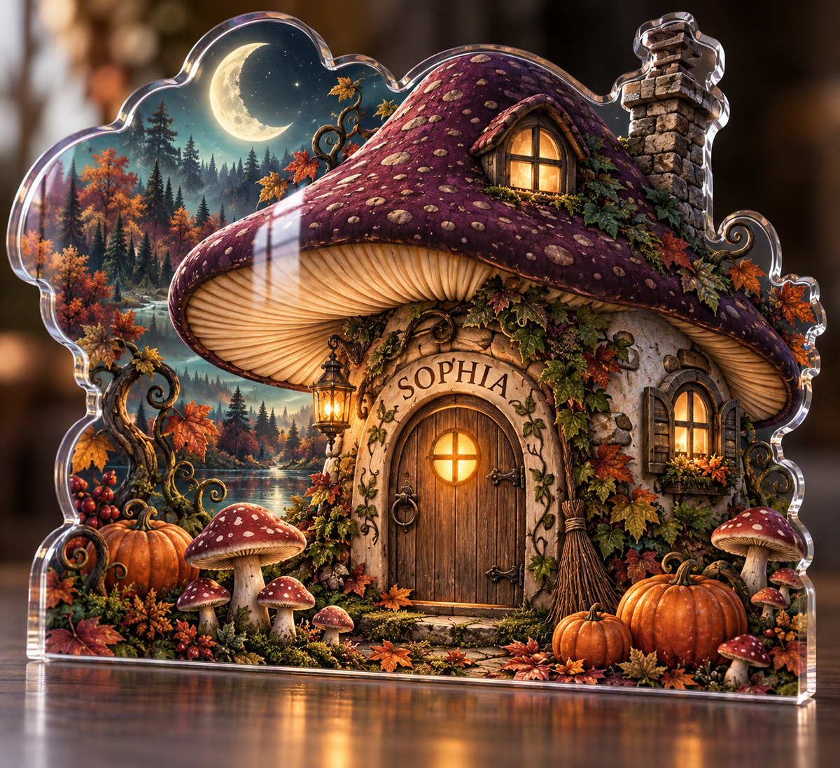 Artwork visualization: Mushroom witch cottage — family seasonal keepsake, personalized SOPHIA, subject-shaped acrylic with printed optical 3D depth; not carved relief.