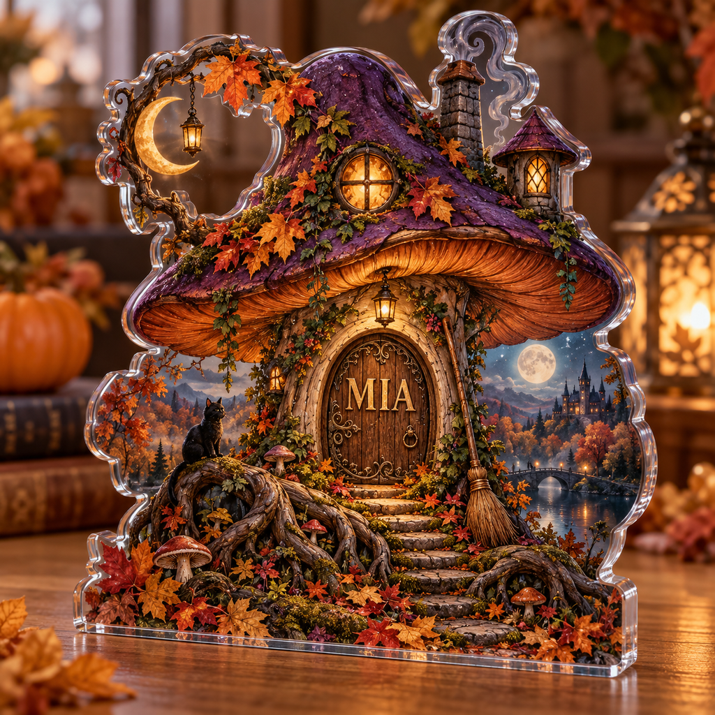 Artwork visualization: Mushroom witch cottage — autumn birthday gift, personalized MIA, subject-shaped acrylic with printed optical 3D depth; not carved relief.