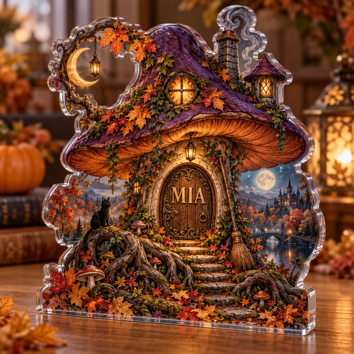 Artwork visualization: Mushroom witch cottage — autumn birthday gift, personalized MIA, subject-shaped acrylic with printed optical 3D depth; not carved relief.