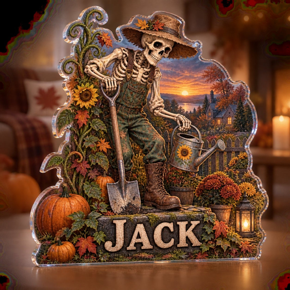 Personalized Skeleton Gardener Seasonal Living Room Decor custom shape acrylic plaque with an example name set into the artwork, digital preview