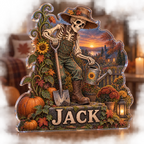 Artwork visualization: Skeleton gardener — seasonal living room decor, personalized JACK, subject-shaped acrylic with printed optical 3D depth; not carved relief.