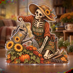 Personalized Skeleton Gardener Reading Nook Seasonal Refresh custom shape acrylic plaque with an example name set into the artwork, digital preview